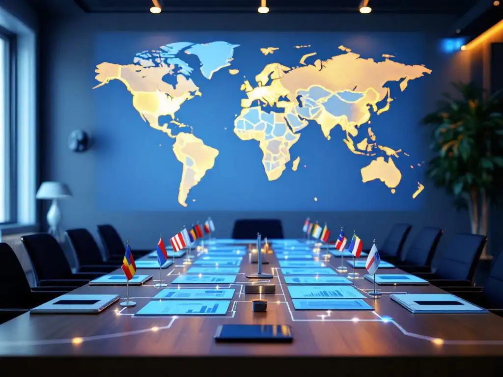 Moderne vergaderruimte met wereldkaart projectie, houten tafel met tablets en documenten, internationale samenwerking