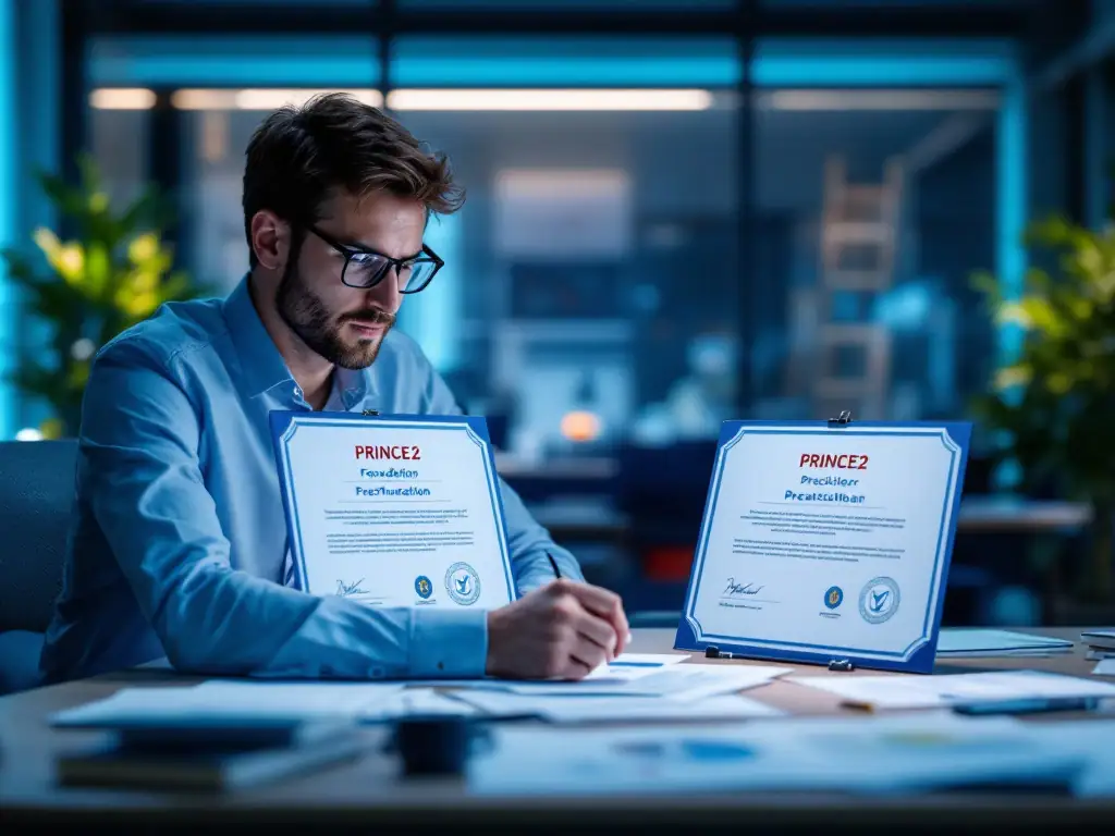 Projectmanager aan bureau met PRINCE2 Foundation en Practitioner certificaten, omringd door projectdocumenten en een ladder die progressie symboliseert.