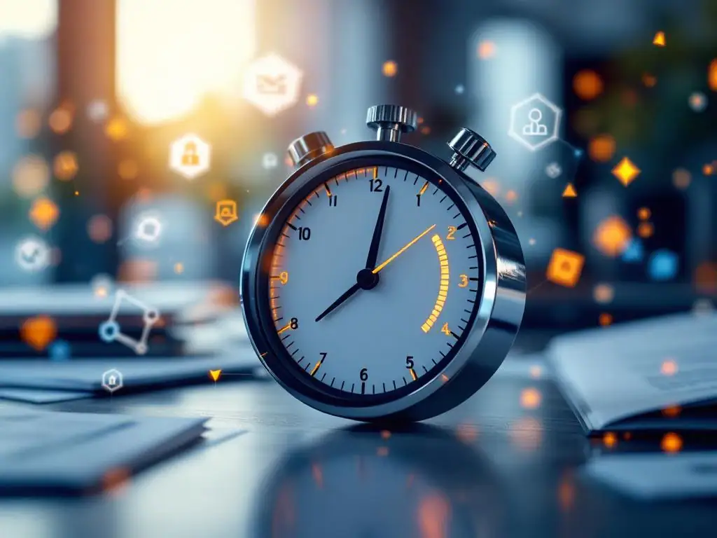 Digitale stopwatch toont PRINCE2 certificeringsvoortgang met projectmanagement iconen in professionele blauworange tinten