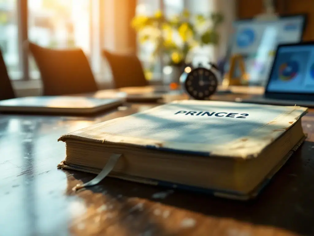 Oud PRINCE2-handboek op vergadertafel naast digitale tablets en agile-diagrammen, symbolische klok toont contrast tussen traditioneel en modern projectmanagement.