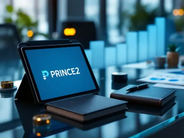 De evolutie van PRINCE2-methodologie gevisualiseerd op een modern bureau met tablet, projecthandboek, tijdlijn met blauwe tinten en professionele kantoorbenodigdheden.