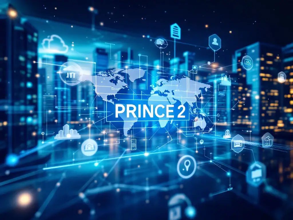 3D PRINCE2-procesdiagram als brug tussen IT, overheid en financiële sectoren, verbonden door lichtstralen tegen een achtergrond van moderne kantoorgebouwen.