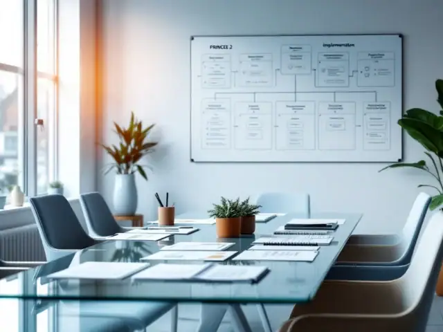 Driedimensionaal PRINCE2-procesmodel in moderne vergaderruimte met projectdocumenten op glazen tafel. Hand wijst naar cruciaal knooppunt, symboliserend voor gestructureerd projectmanagement.