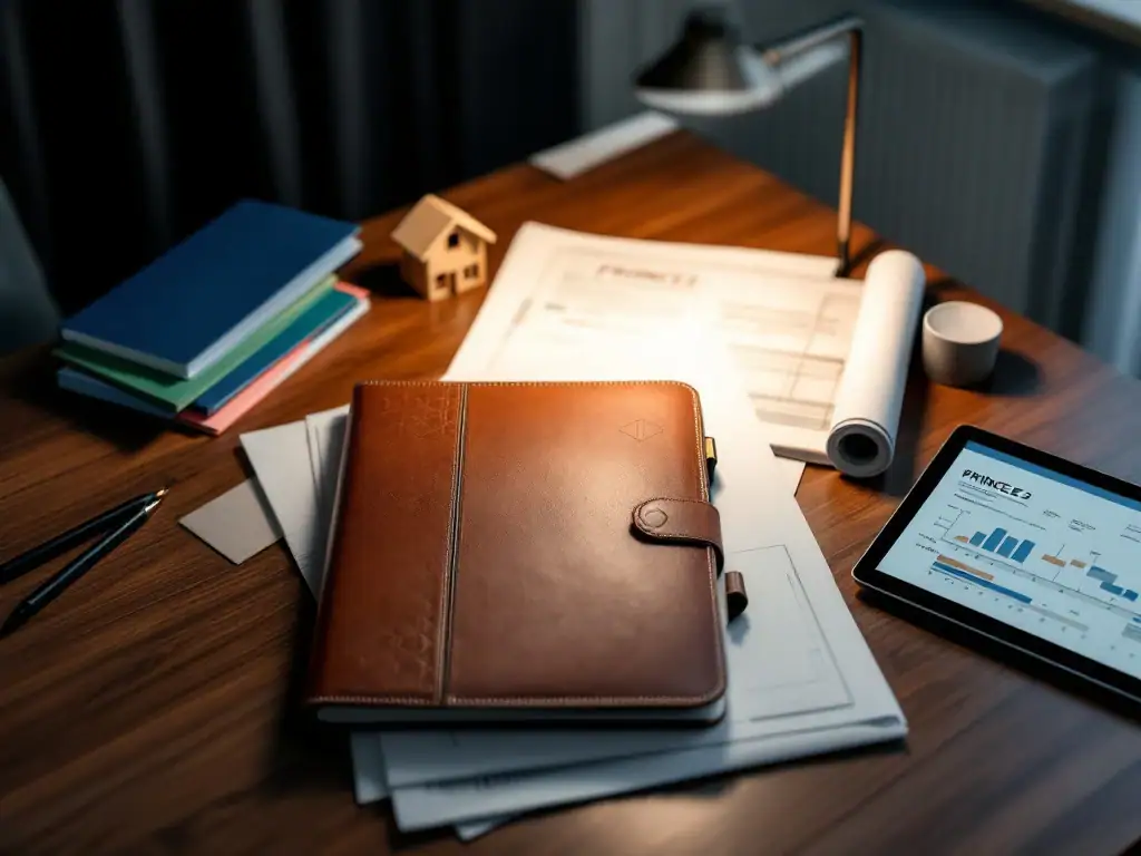 Professionele PRINCE2 werkruimte met leren portfolio, georganiseerde documenten, tablet met projectplanning en een miniatuurgebouw op een houten bureau in zakelijke kleurtinten.
