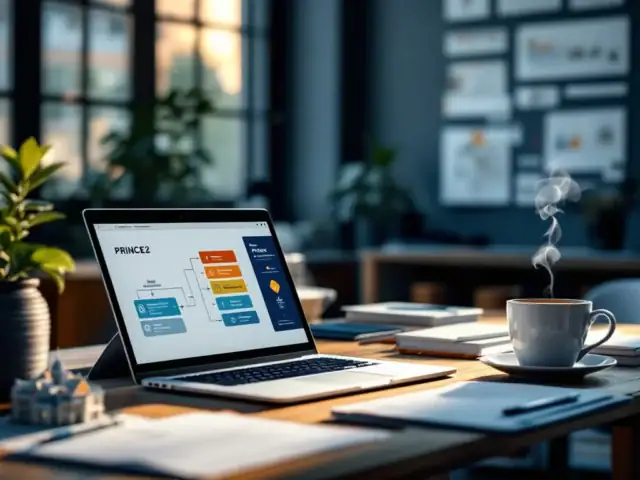 Professionele werkplek met laptop die PRINCE2-diagram toont, projectmanagementmaterialen en architectuurmodel in zakelijke kleuren.