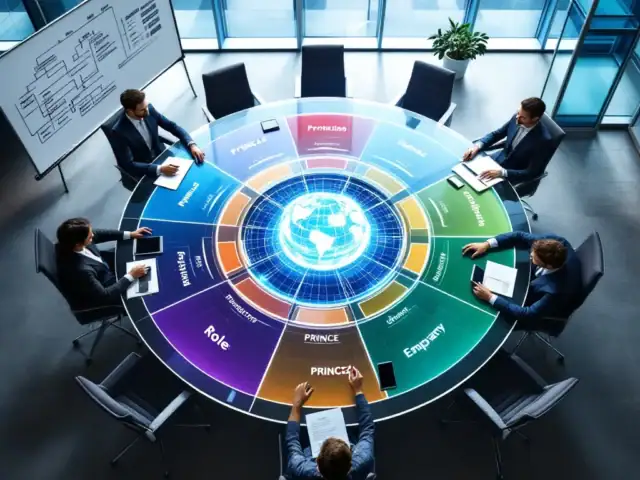 Professionele vergaderruimte met ronde tafel verdeeld in zeven PRINCE2-rollen rond een holografisch organisatieschema en projectplanning.