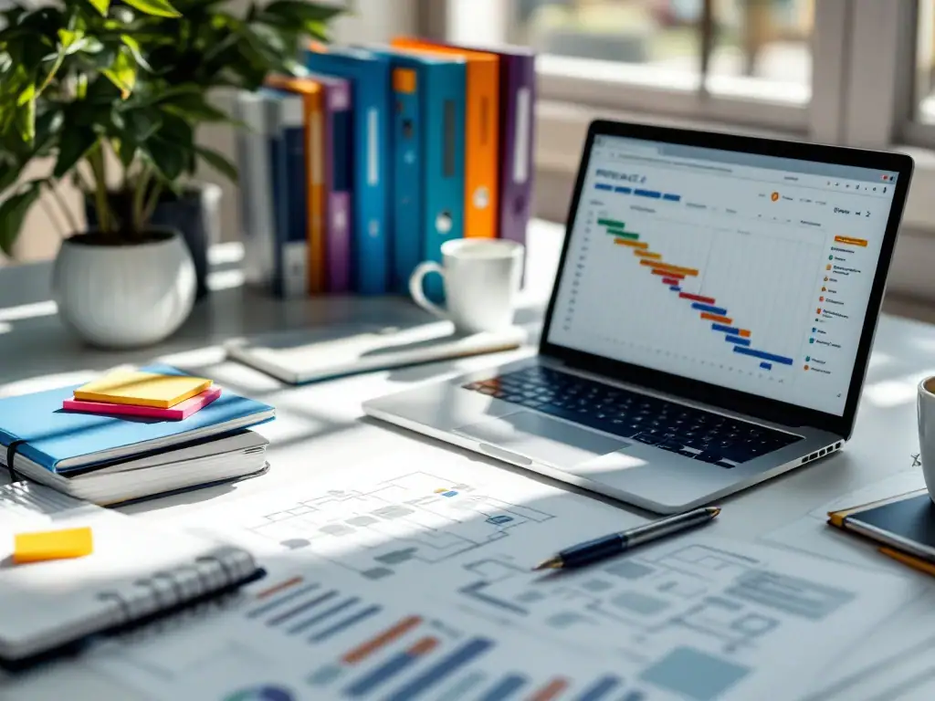 Georganiseerde PRINCE2 werkplek met studiematerialen, laptop met projectmanagement dashboard en Gantt-grafieken, en een gedeeltelijk zichtbaar stroomdiagram.
