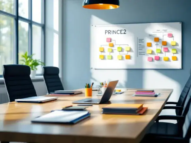 Moderne PRINCE2 trainingszaal met houten tafel, projectmanagementmaterialen, whiteboard met procesdiagrammen en natuurlijk licht in professionele blauwe en grijze tinten.
