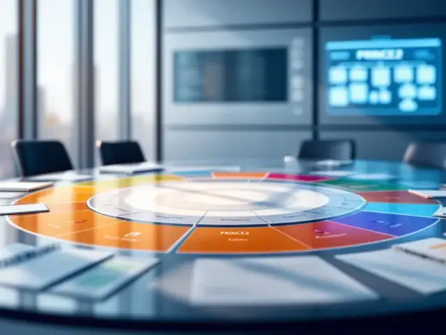 Vergaderzaal met ronde tafel waarop PRINCE2-rollen kleurgecodeerd zijn, met 3D-organisatieschema en projectdocumenten in professionele omgeving.