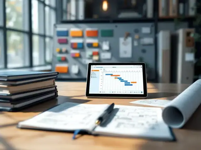 Professioneel projectmanagementbureau met planbord, Gantt-grafiek op tablet, geordende mappen, blauwdruk en notitieblok in rustige professionele kleuren.