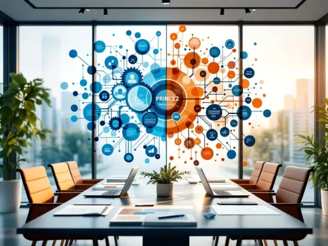 PRINCE2 en Agile projectmanagement die samensmelten: structurele blauwdrukken en dynamische cirkels in blauwtinten met oranje accenten.