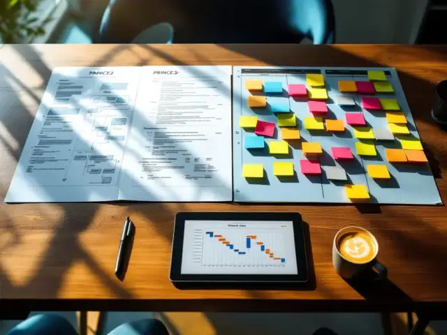 Professionele werkruimte met PRINCE2-documentatie en Agile kanban-bord die samenkomen, verlicht door zonlicht op een houten bureau met tablet waarop een Gantt-chart staat.