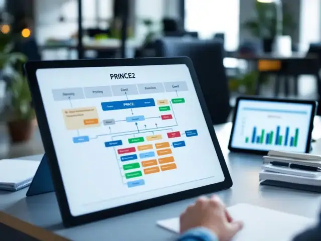 Professionele projectmanagementruimte met PRINCE2 stroomdiagram, planningsdocumenten en tablet met Gantt-grafiek in een moderne kantooromgeving.