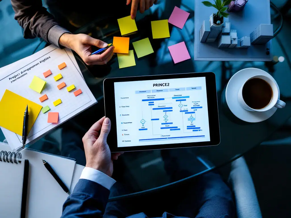 Moderne projectmanagement werkruimte met PRINCE2 diagram op tablet, Gantt-grafiek en kleurgecodeerde notities in professionele blauwe omgeving.