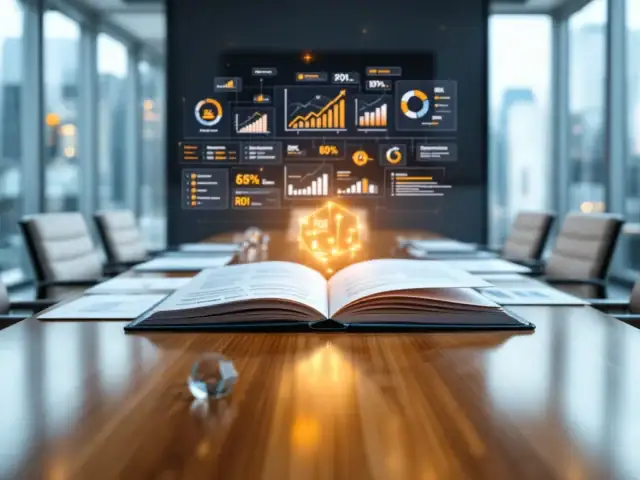 Professionele vergadertafel met opengeslagen projectportfolio, digitale dashboard-projectie en strategische diagrammen in een moderne zakelijke omgeving met stadsuitzicht.