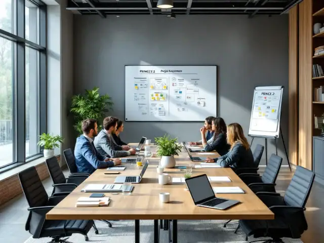 Professionele vergaderruimte ingericht voor PRINCE2-workshop met whiteboard, georganiseerde documenten en planningbord in moderne zakelijke stijl met natuurlijk licht.